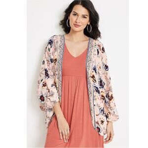 Maurices Pink Floral Peasant Sleeve Kimono XL Large Boho Spring Cover Up Cottage